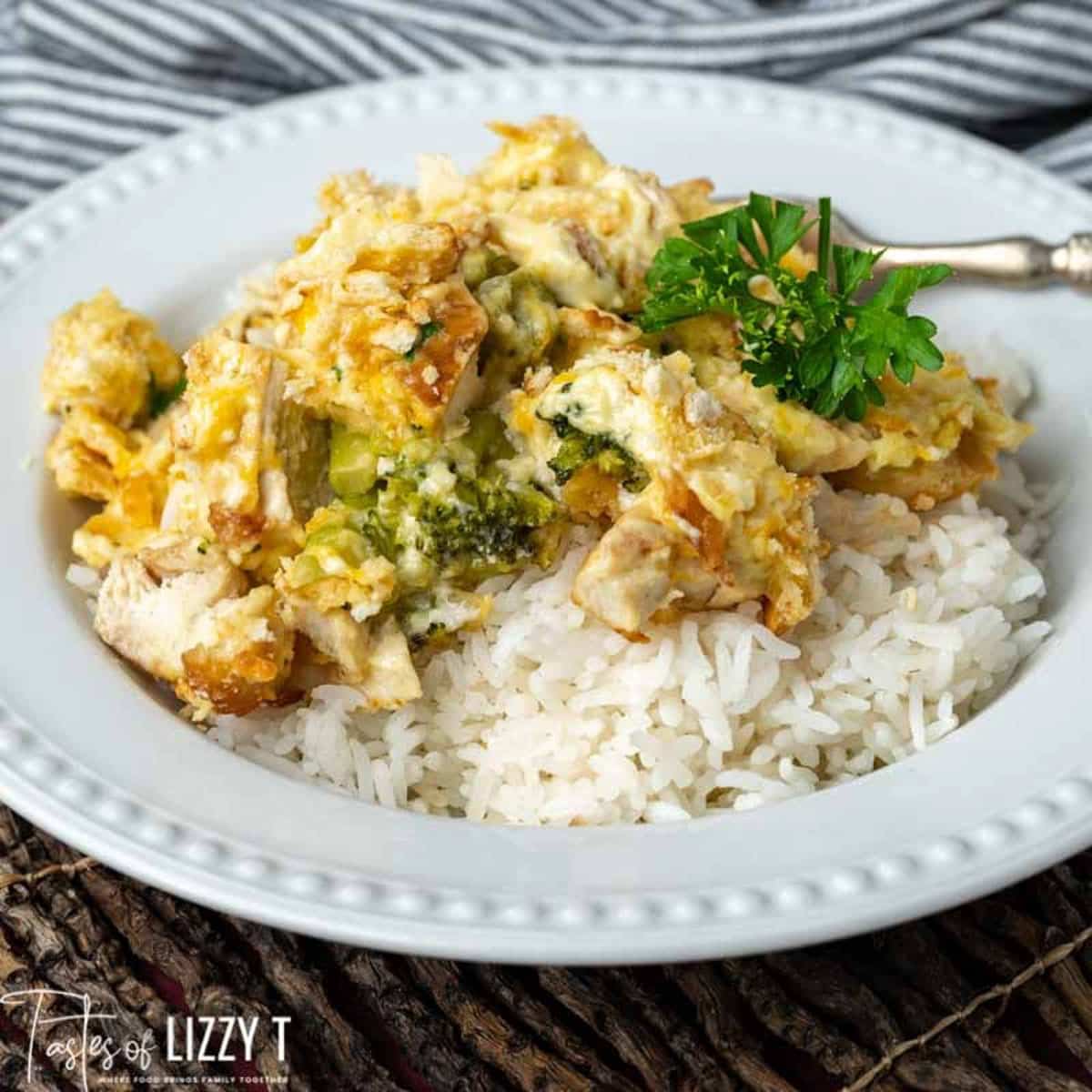 a bowl of chicken divan casserole with rice