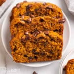 3 slices of chocolate chip pumpkin bread on a plate