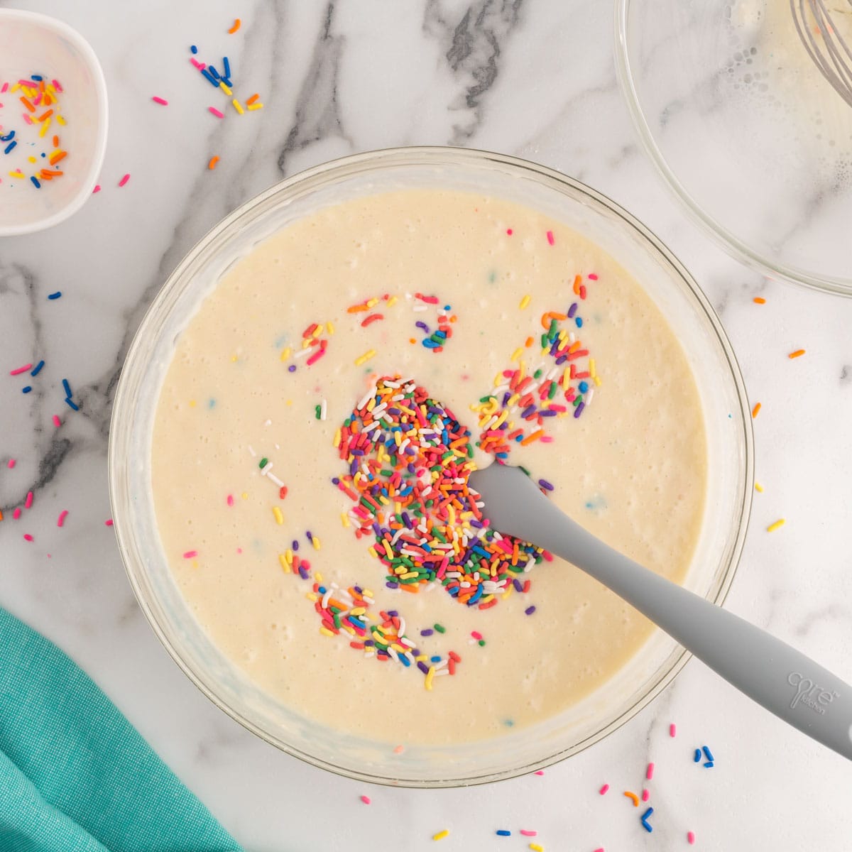 pancake batter with sprinkles in a bowl