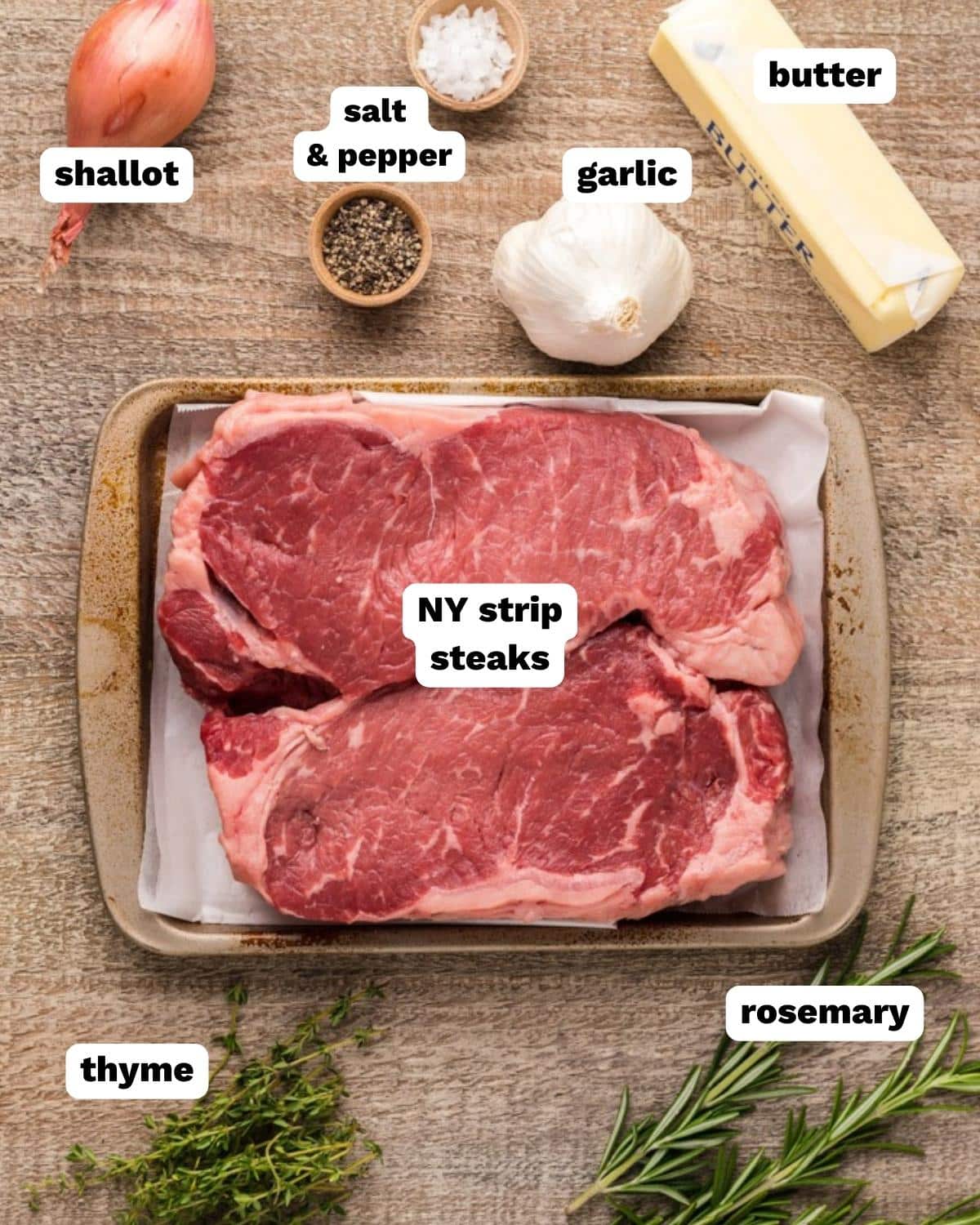 overhead view of ingredients for garlic butter steak