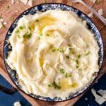 overhead view of a bowl of gruyere mashed potatoes