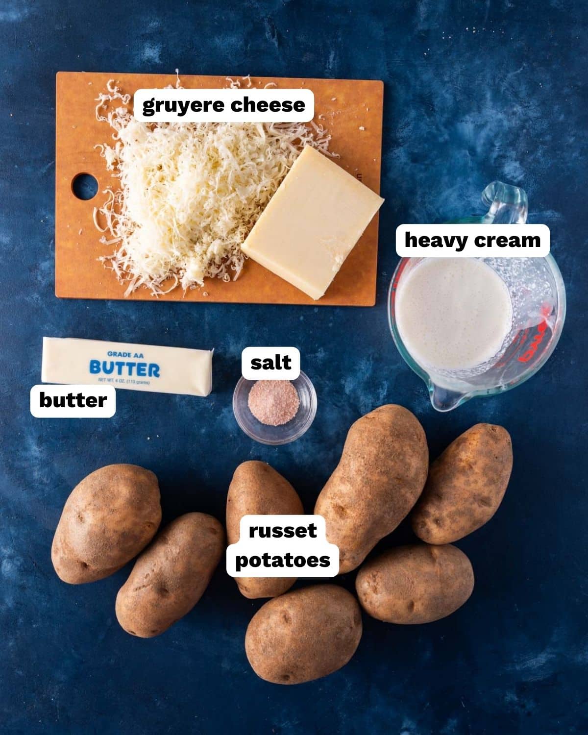 ingredients for gruyere mashed potatoes on a table