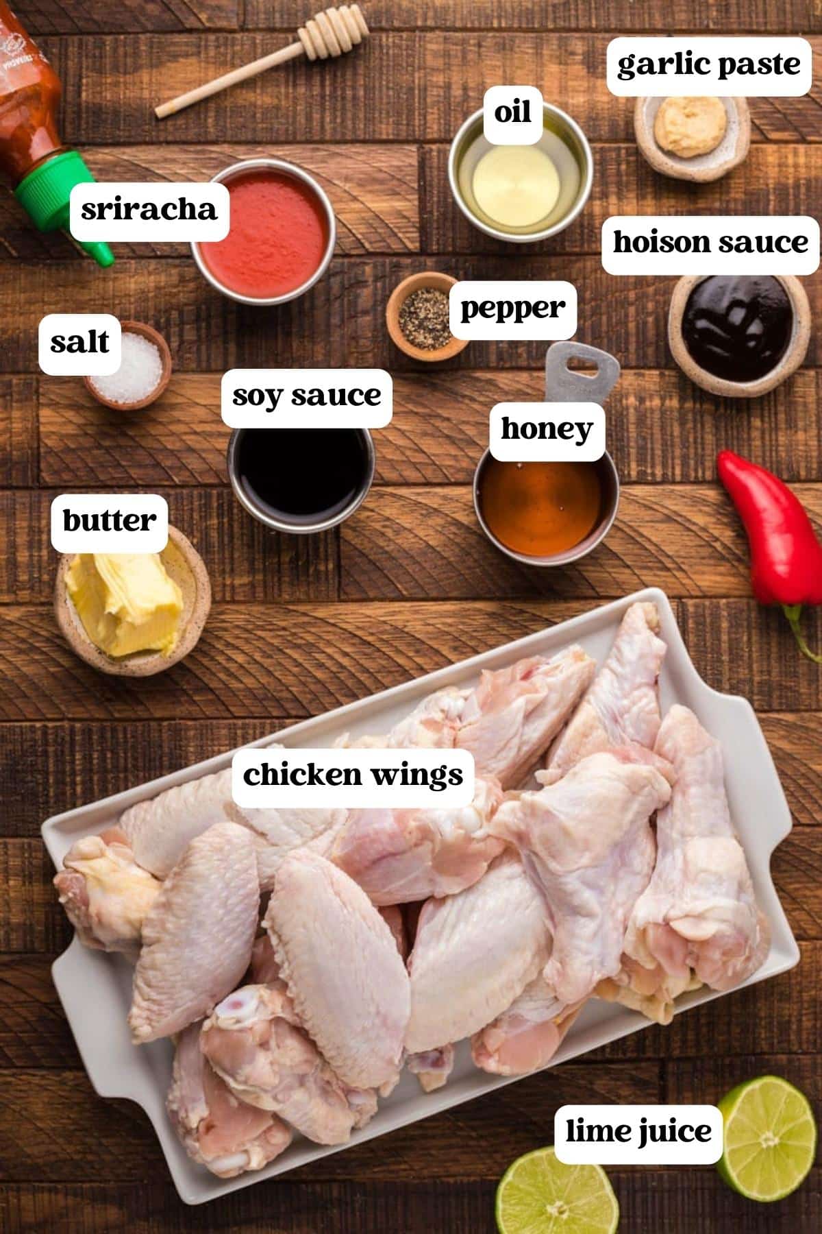 honey sriracha chicken wings ingredients on a table