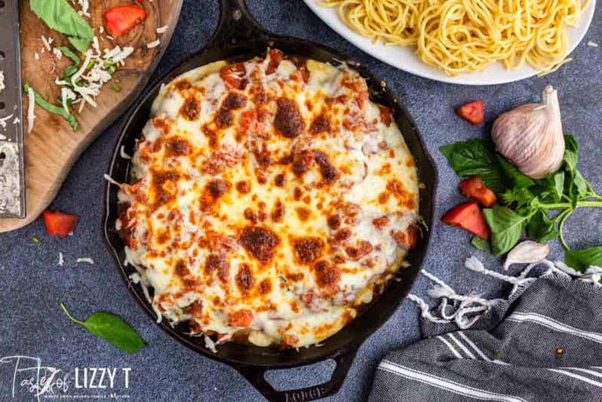 overhead view of a italian skillet chicken