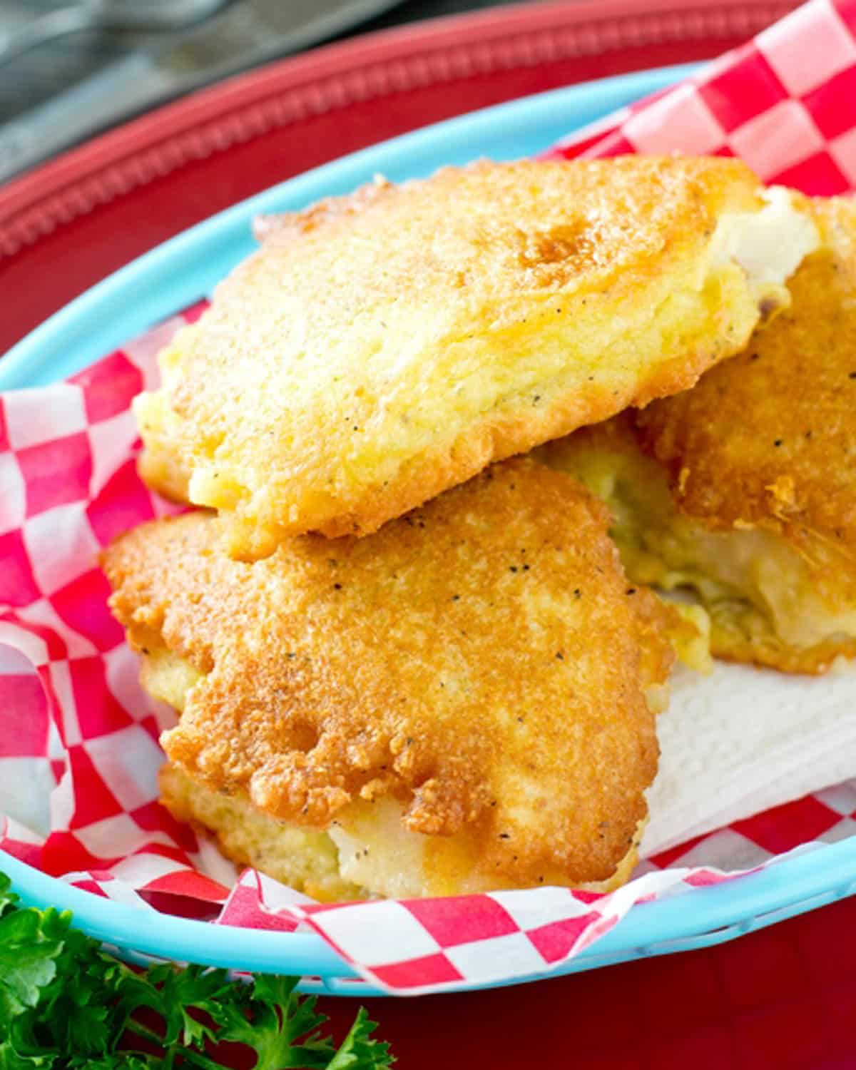 golden brown paleo battered fish in a basket