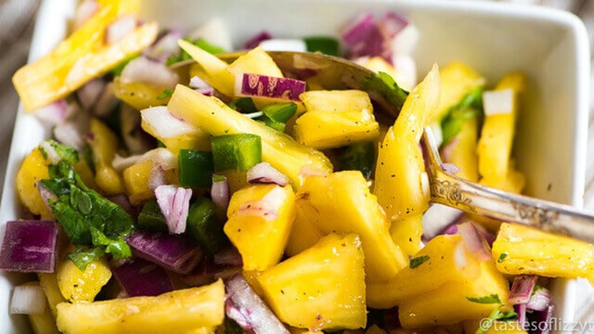 closeup of pineapple jalapeno salsa