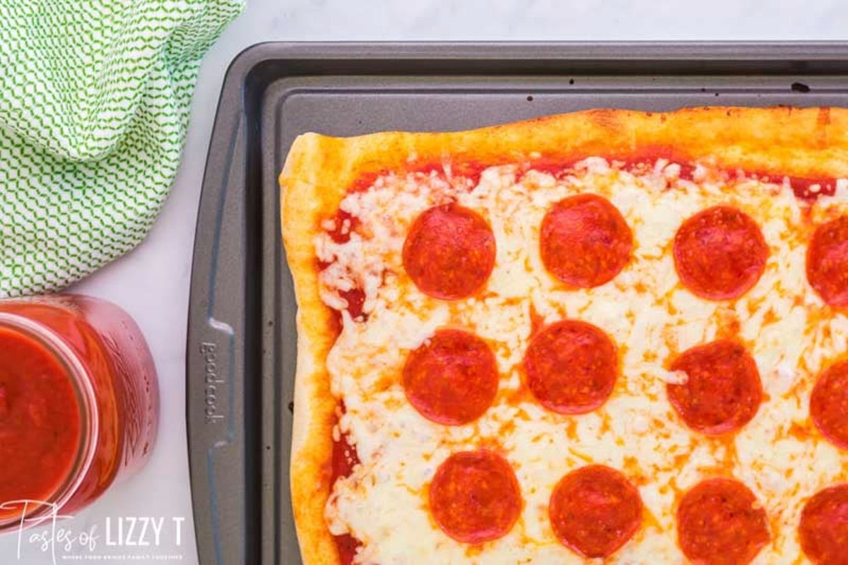 overhead view of a homemade pizza in a pan