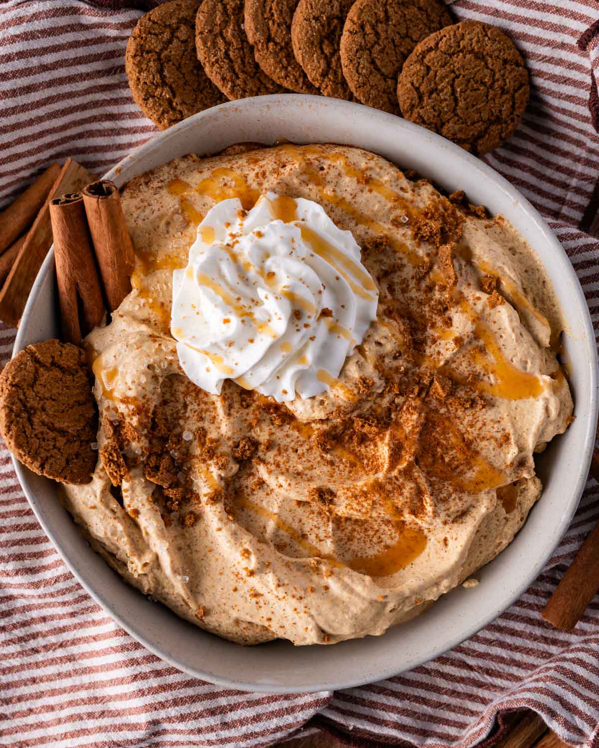 overhead view of pumpkin cream cheese dip in a bowl