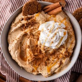 overhead view of pumpkin cream cheese dip in a bowl