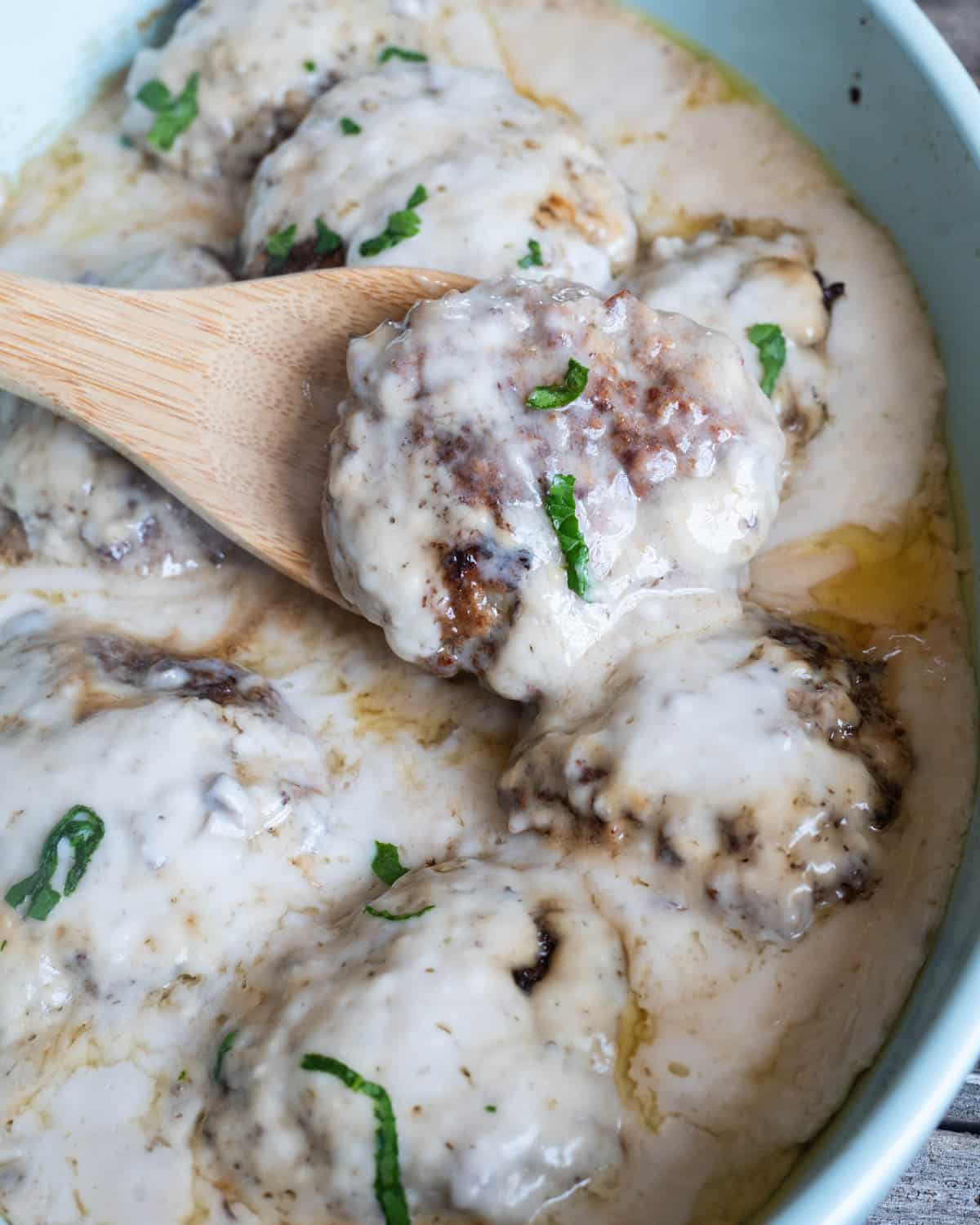 salisbury steak in a baking dish