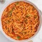 overhead view of sloppy joe pasta in a pot