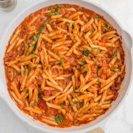 overhead view of sloppy joe pasta in a pot