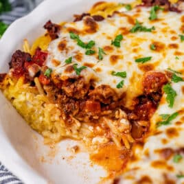 spaghetti pie in a casserole dish