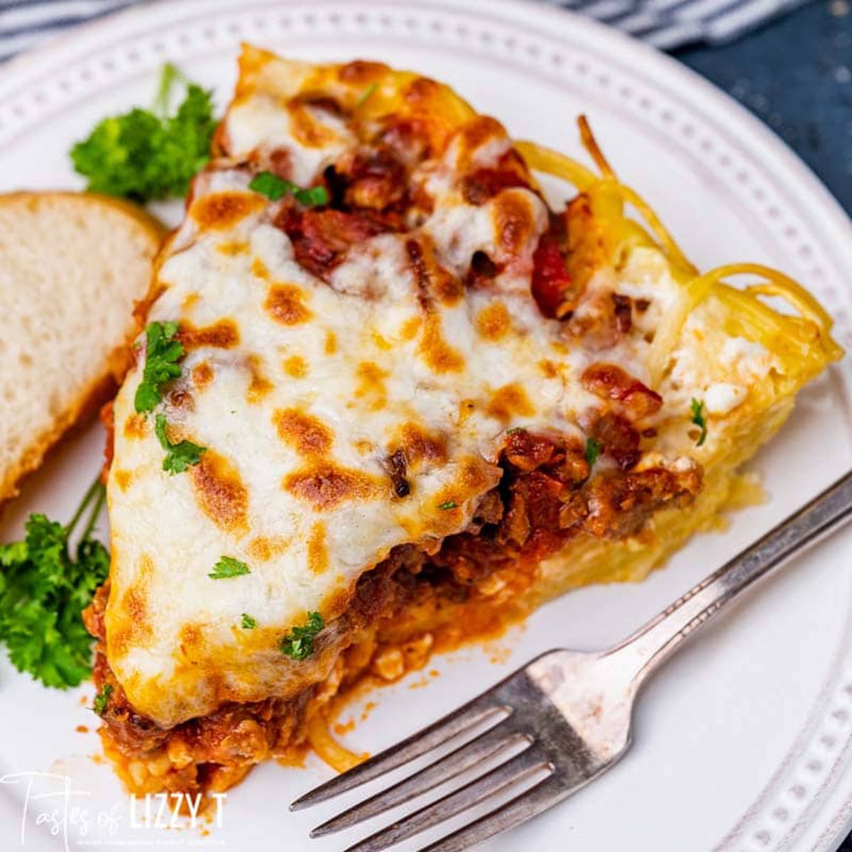 a piece of spaghetti pie on a plate