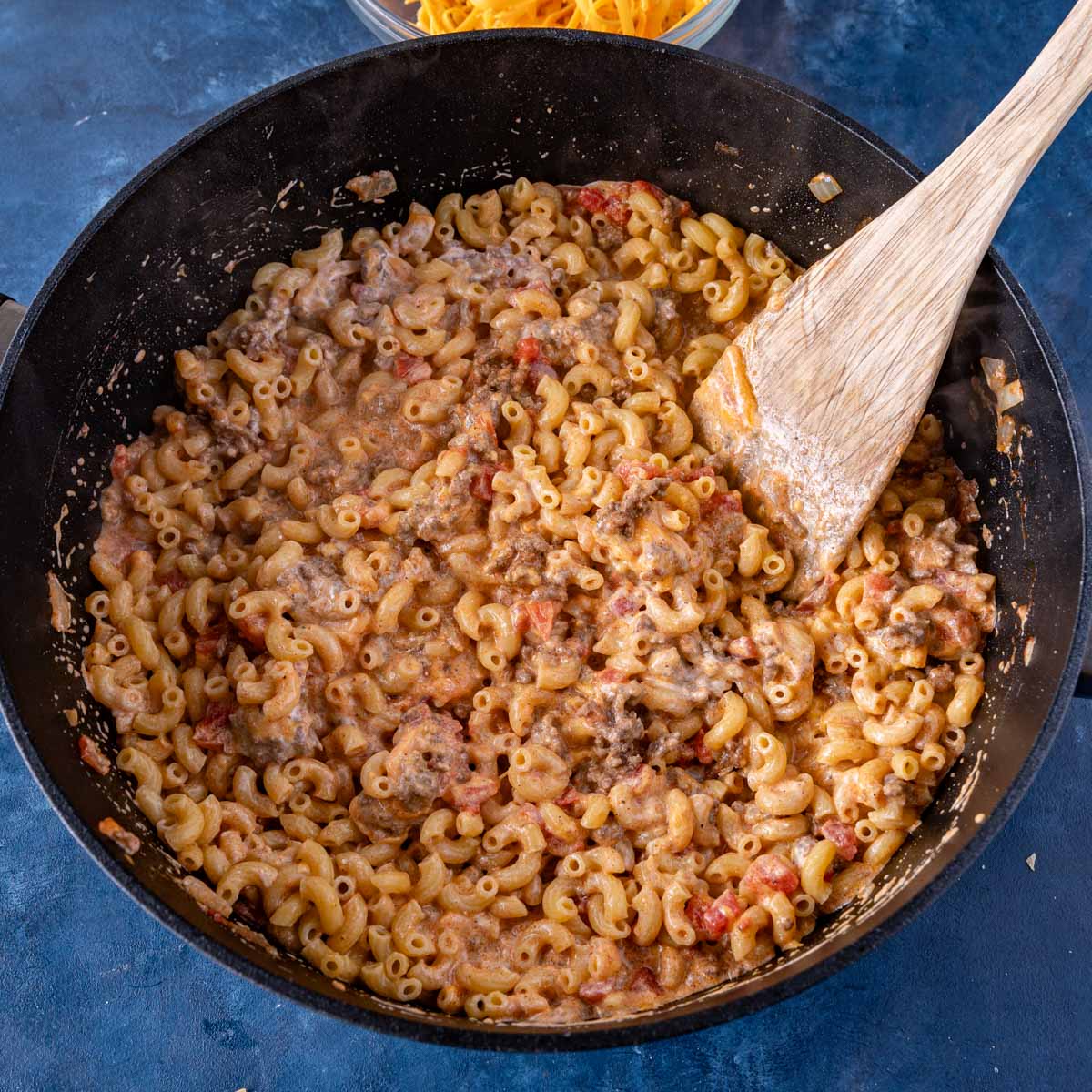 macaroni ground beef mixture in a skillet