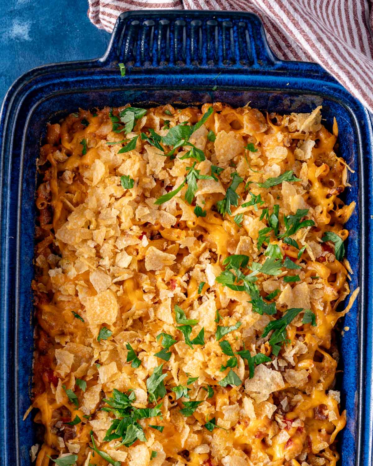 baked hamburger macaroni casserole on a table