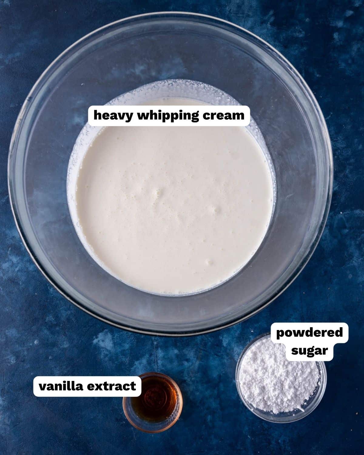 ingredients in homemade whipped cream on a table