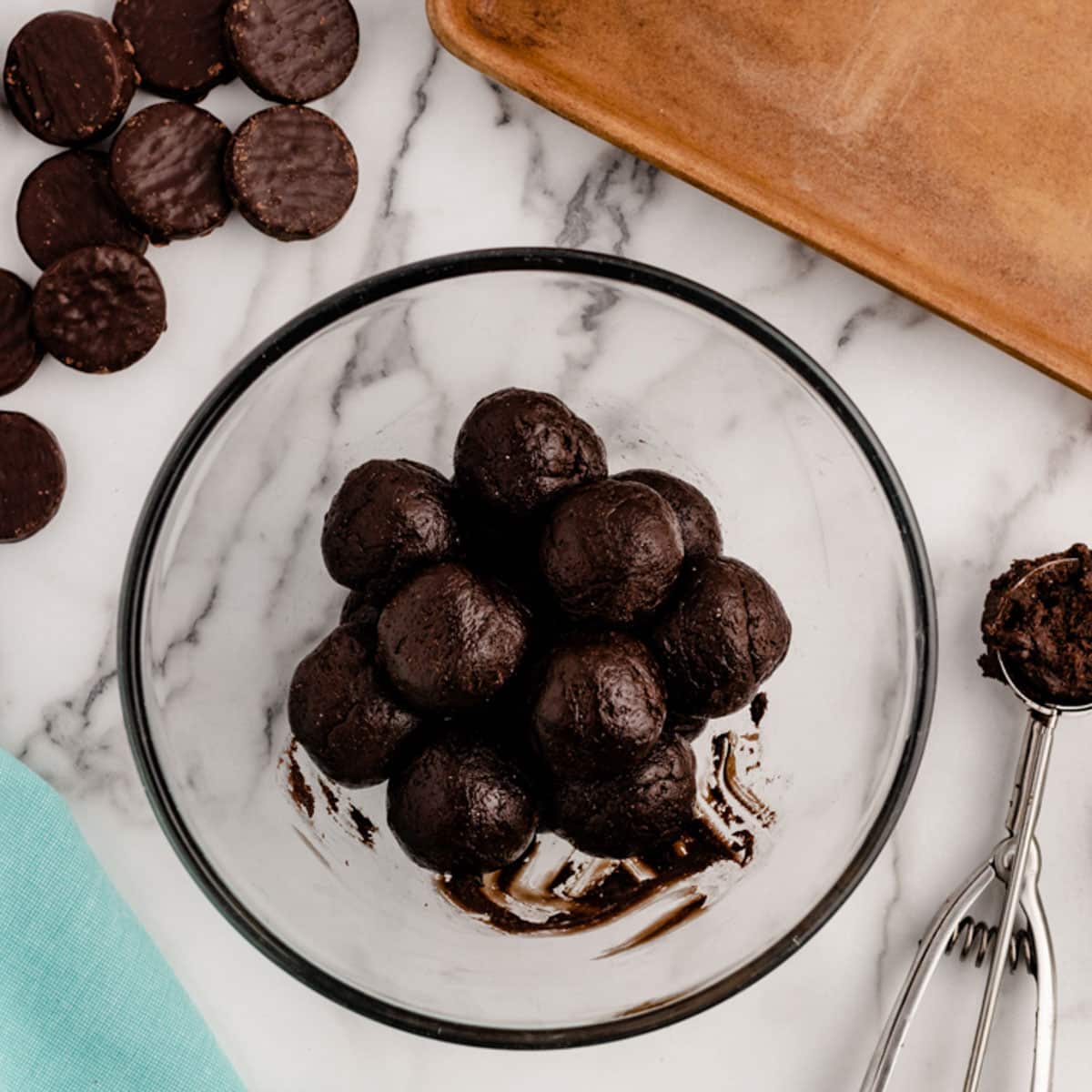 chocolate cookie dough balls in a bowl