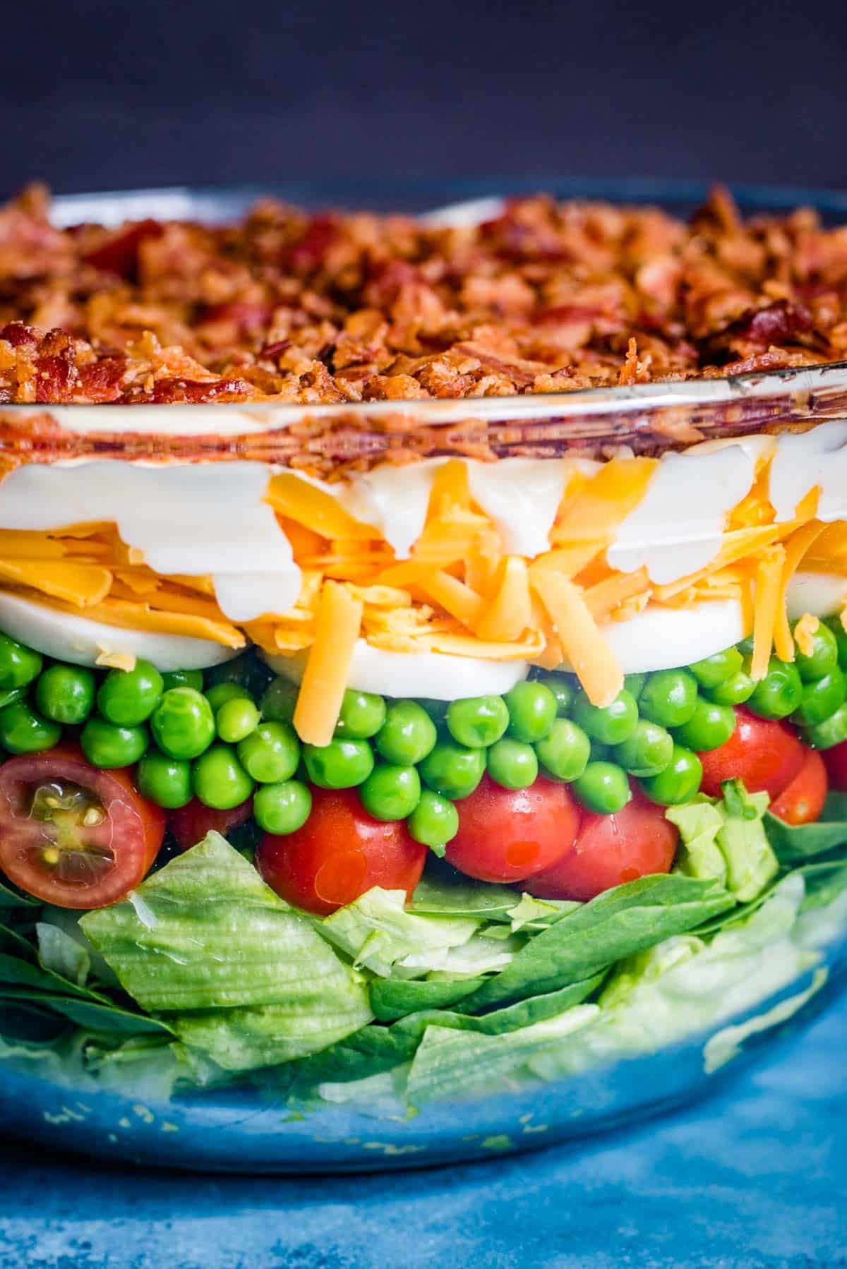 7 layer salad with maple bacon in a bowl