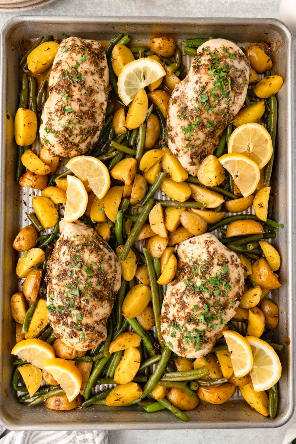 closeup of lemon chicken sheet pan dinner