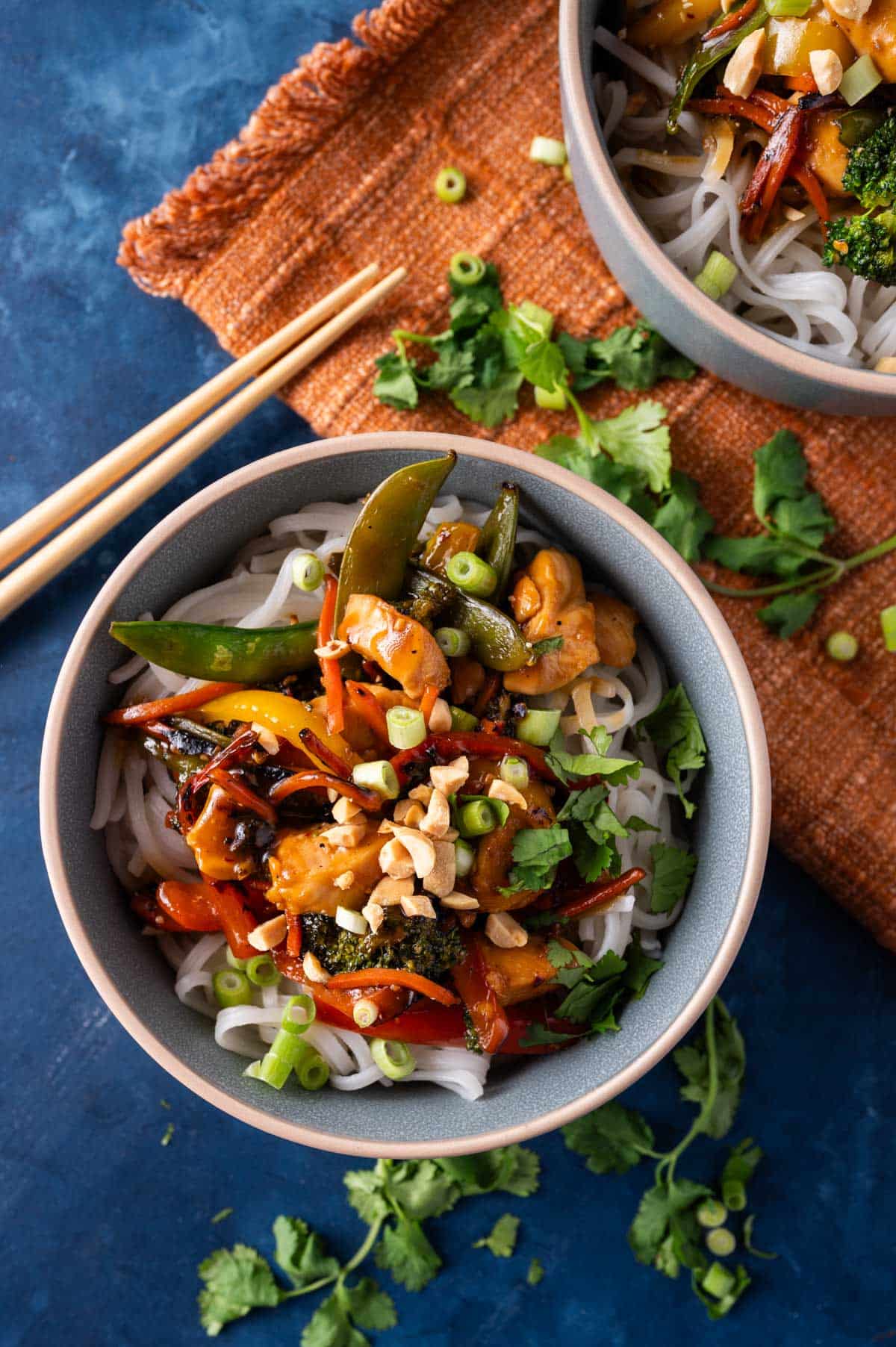 overhead view of chicken stir fry with noodles in bowls