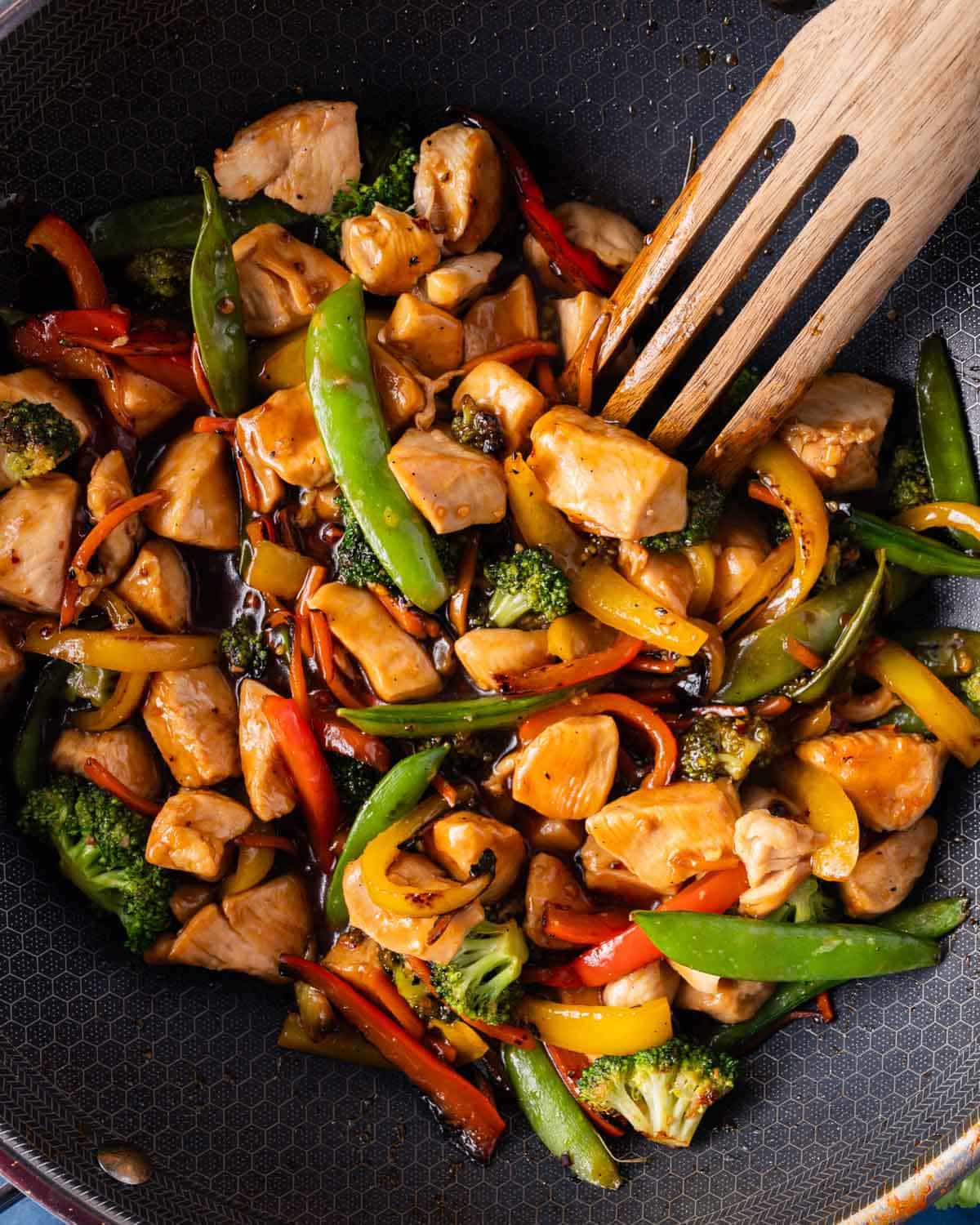 chicken stir fry in a skillet