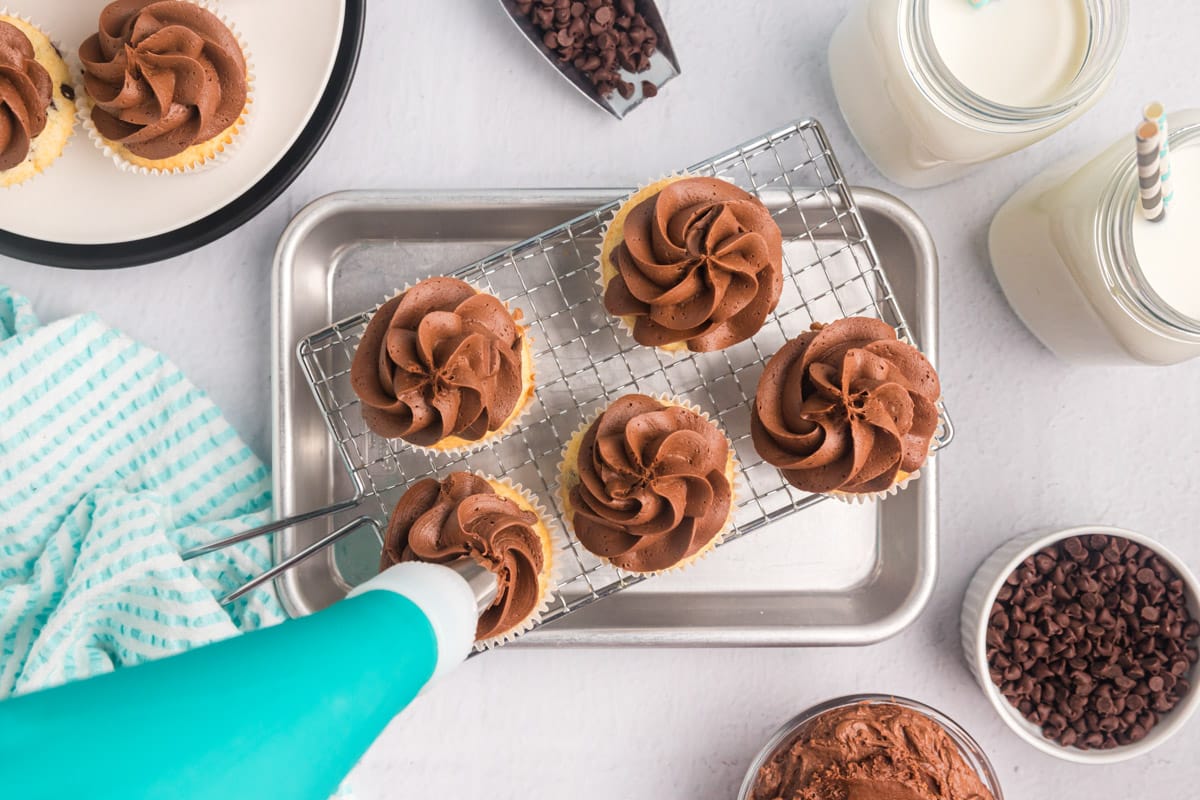 piping chocolate frosting on a cupcake