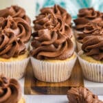 chocolate chip cupcakes with chocolate frosting on a table