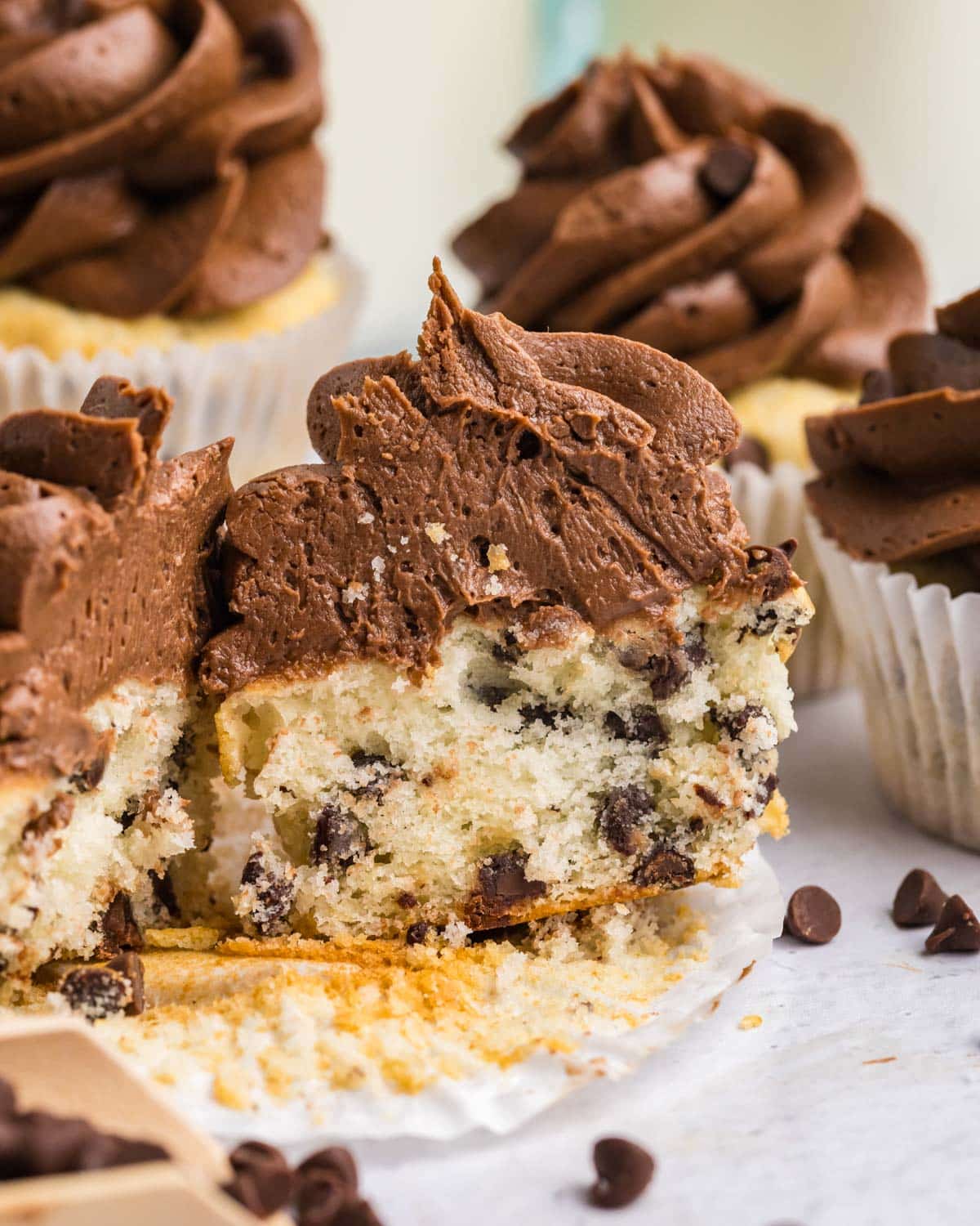 the inside of a chocolate chip cupcake