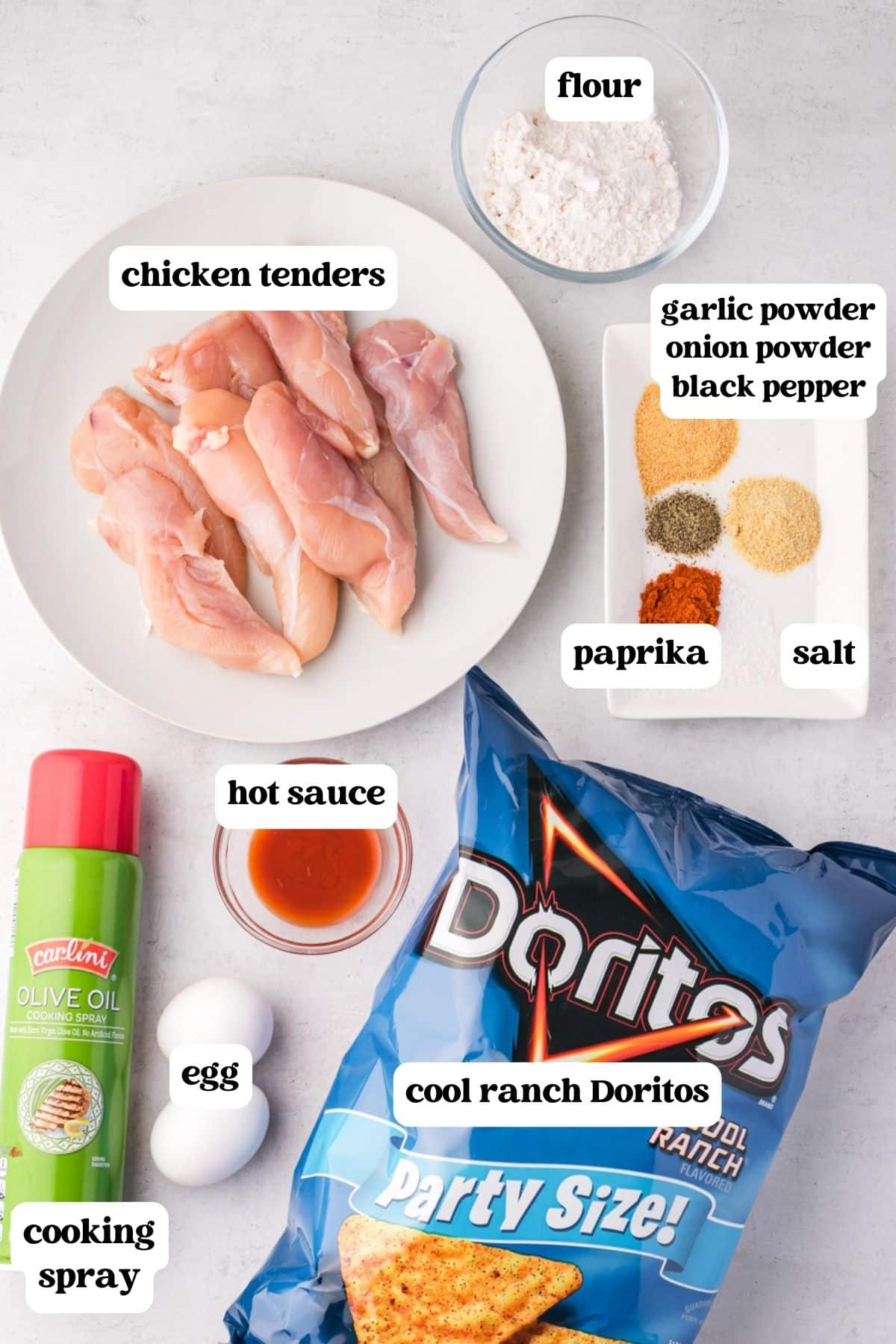 ingredients for doritos chicken tenders on a table