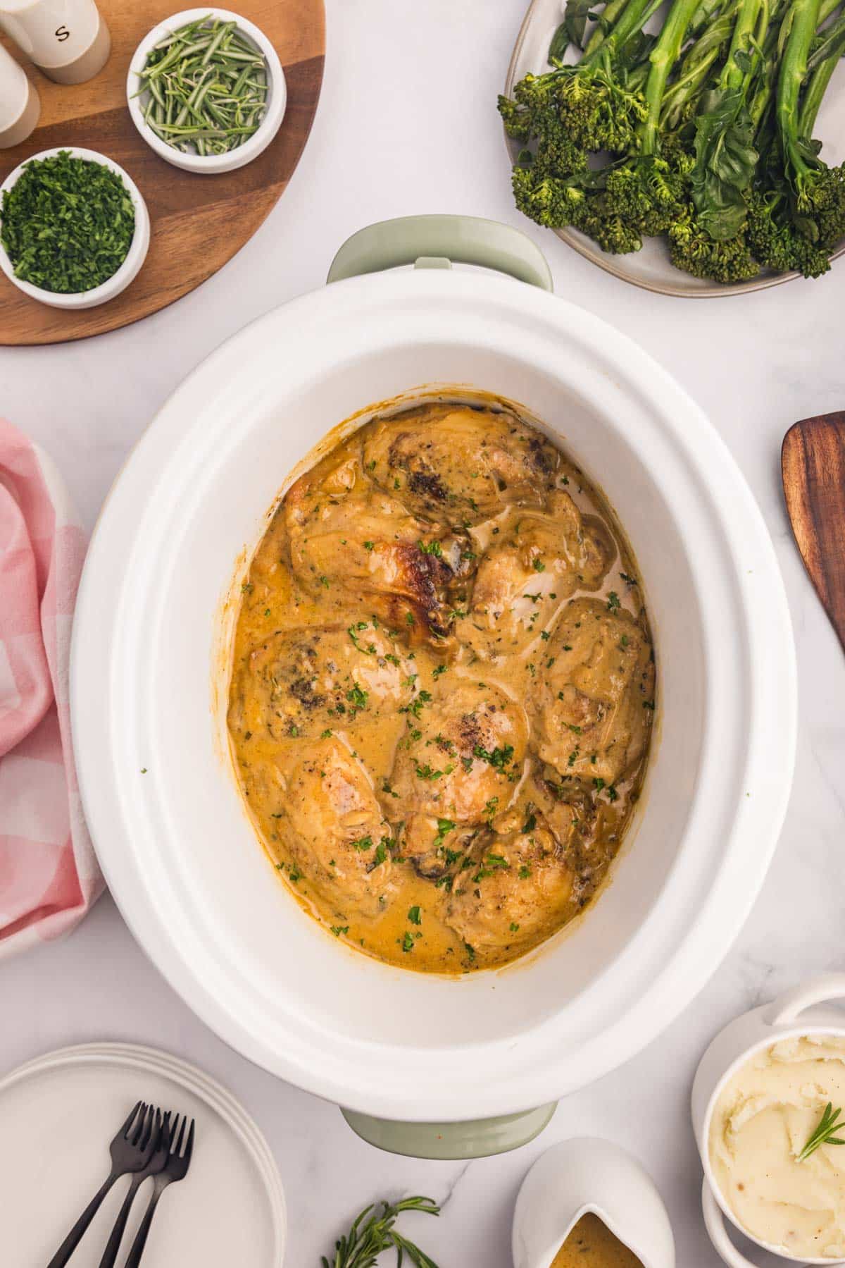 overhead view of honey mustard slow cooker chicken 