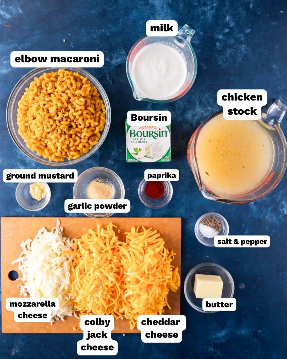 ingredients for mac and cheese on a table