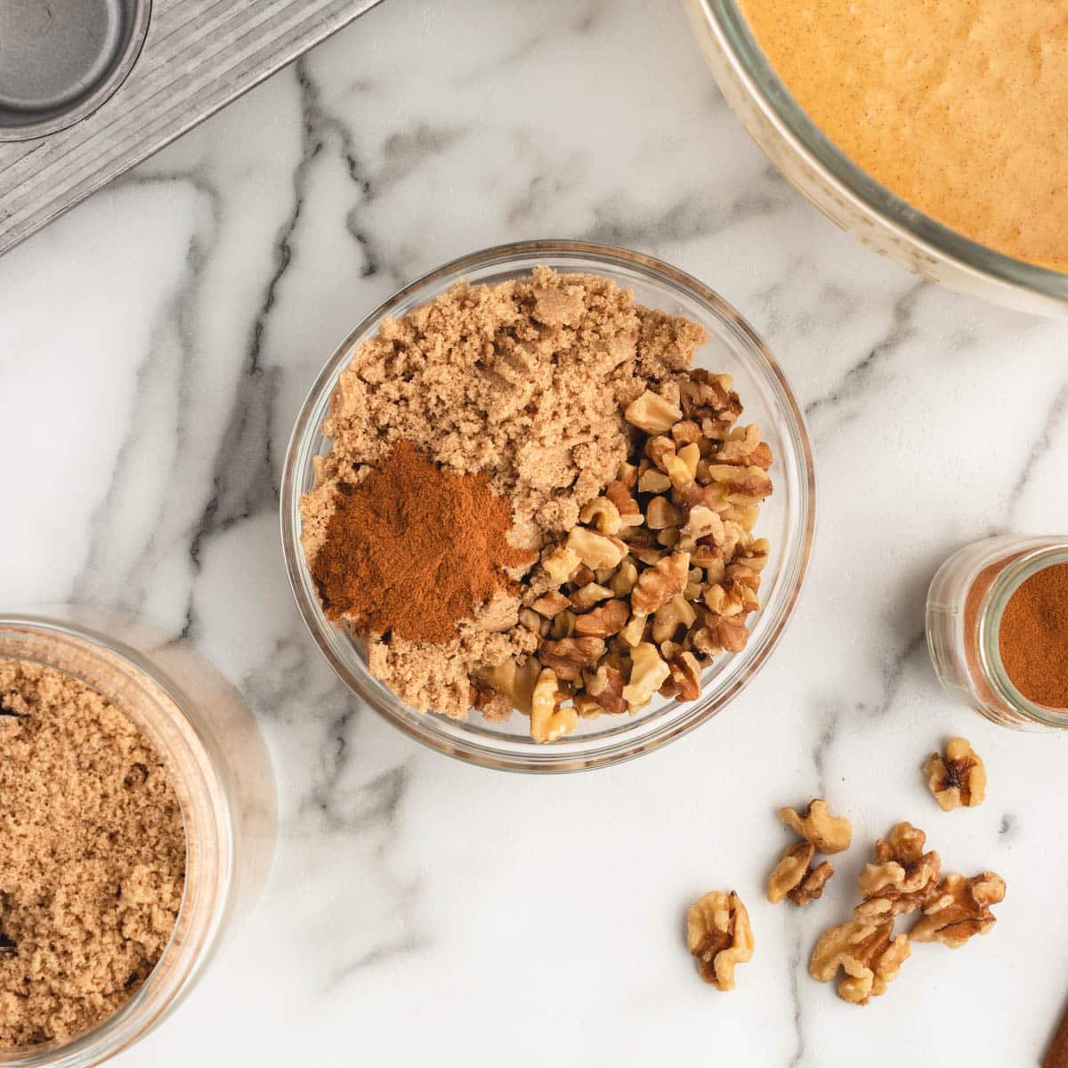 sugar, cinnamon and pecans in a bowl