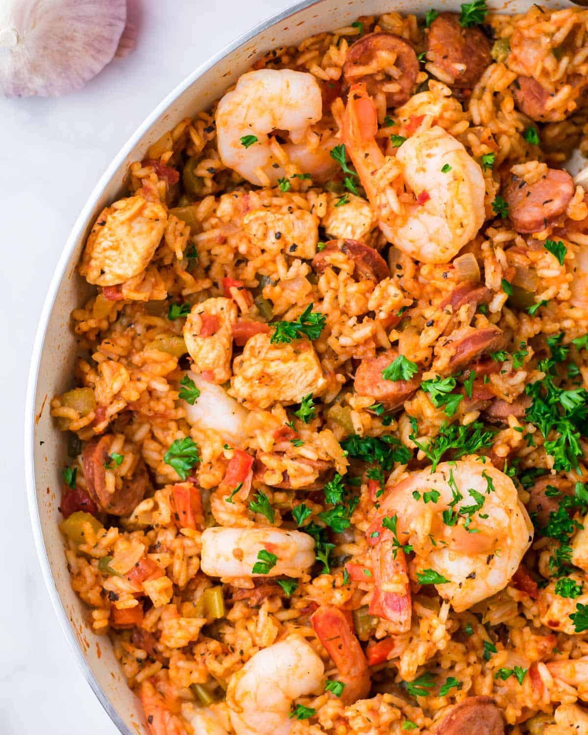 overhead view of jambalaya in a pan