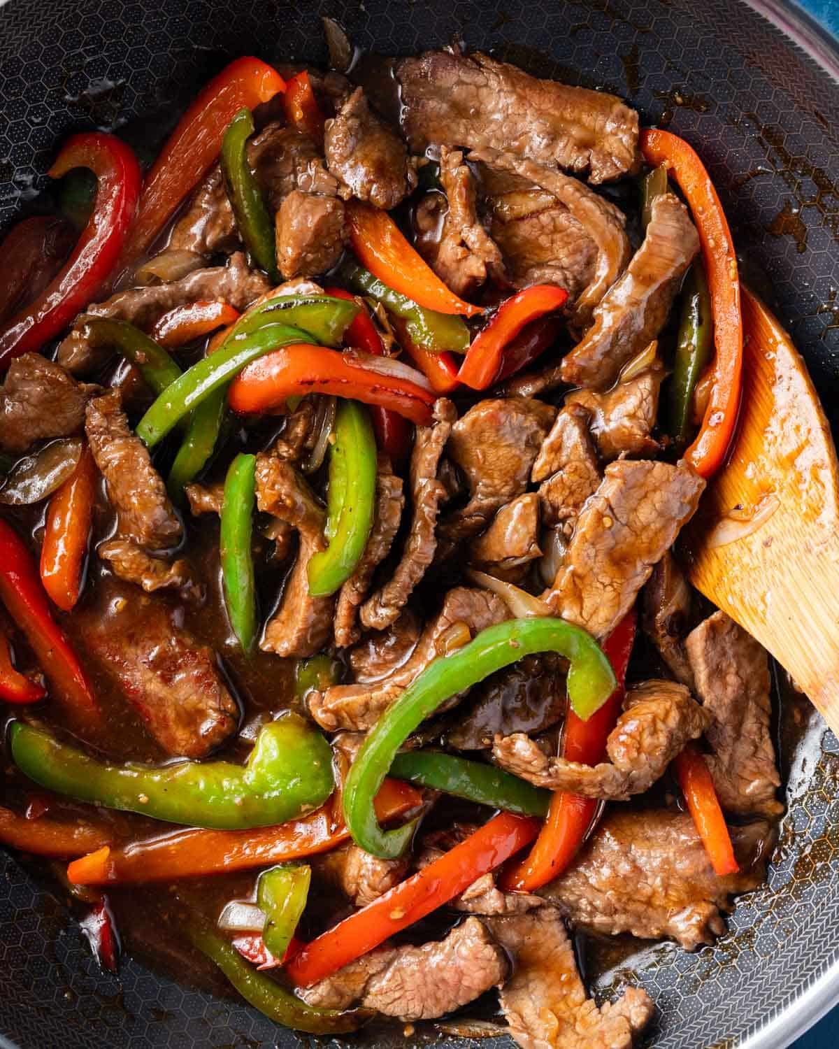 pepper steak stir fry in a skillet