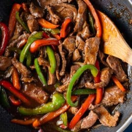 pepper steak stir fry in skillet