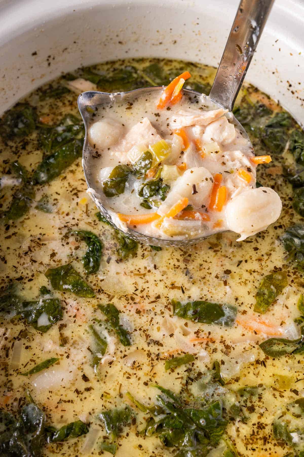 a ladle full of chicken gnocchi soup from the slow cooker