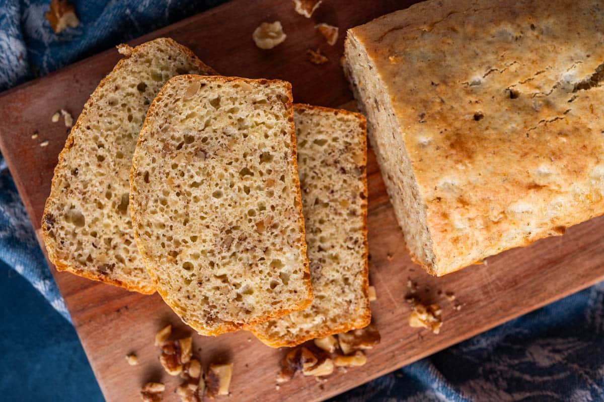 overhead view of cottage cheese bread with walnuts