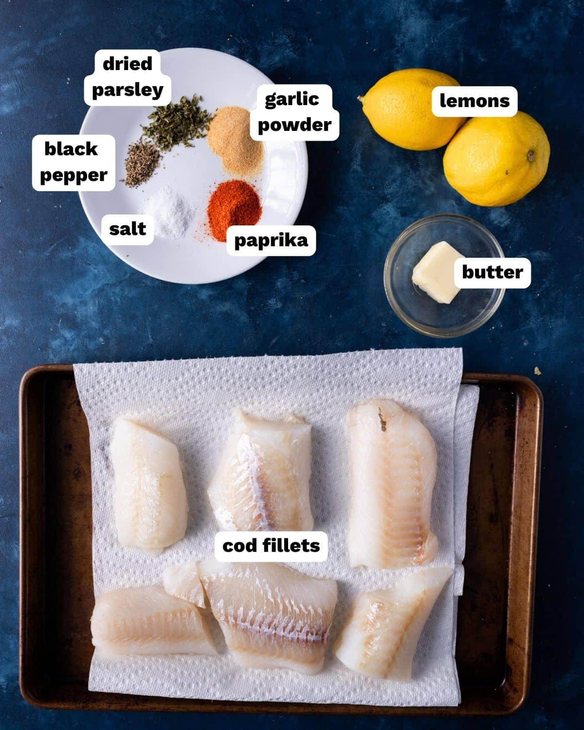 ingredients for baked cod on a table