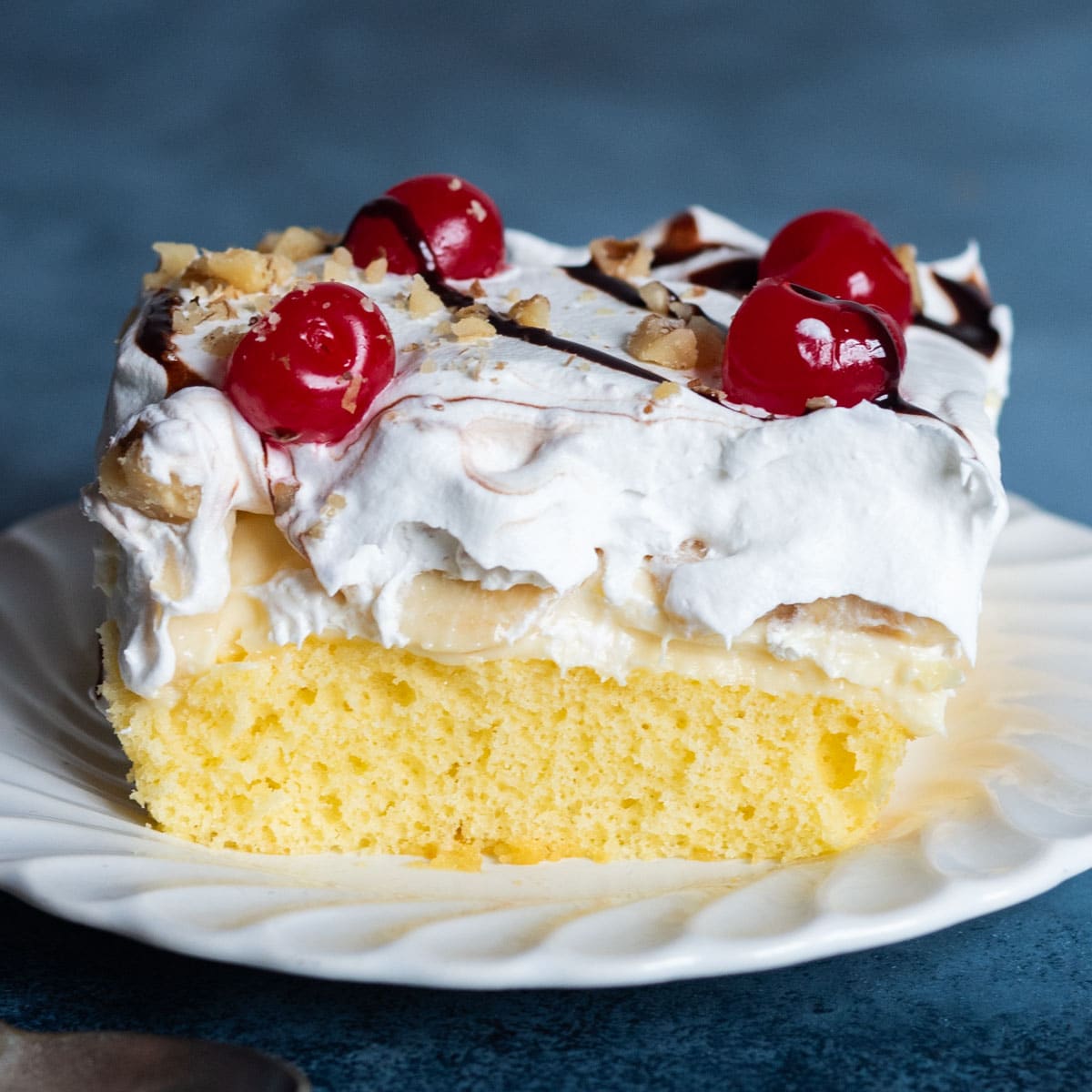 a piece of banana split cake on a plate