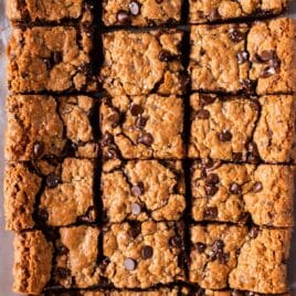 overhead view of oatmeal chocolate chip bars on a table