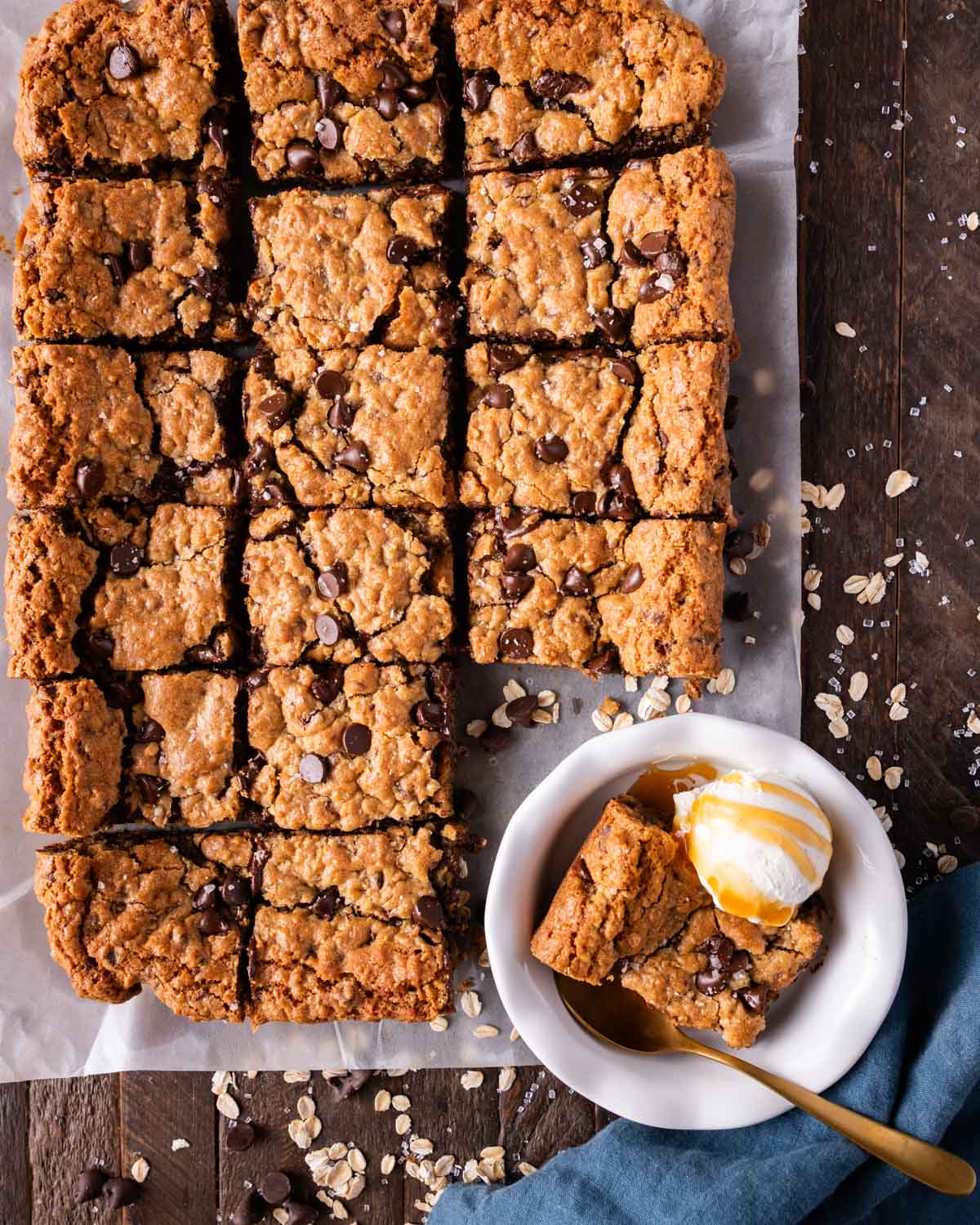 chocolate chip bars with oats and a bowl with ice cream