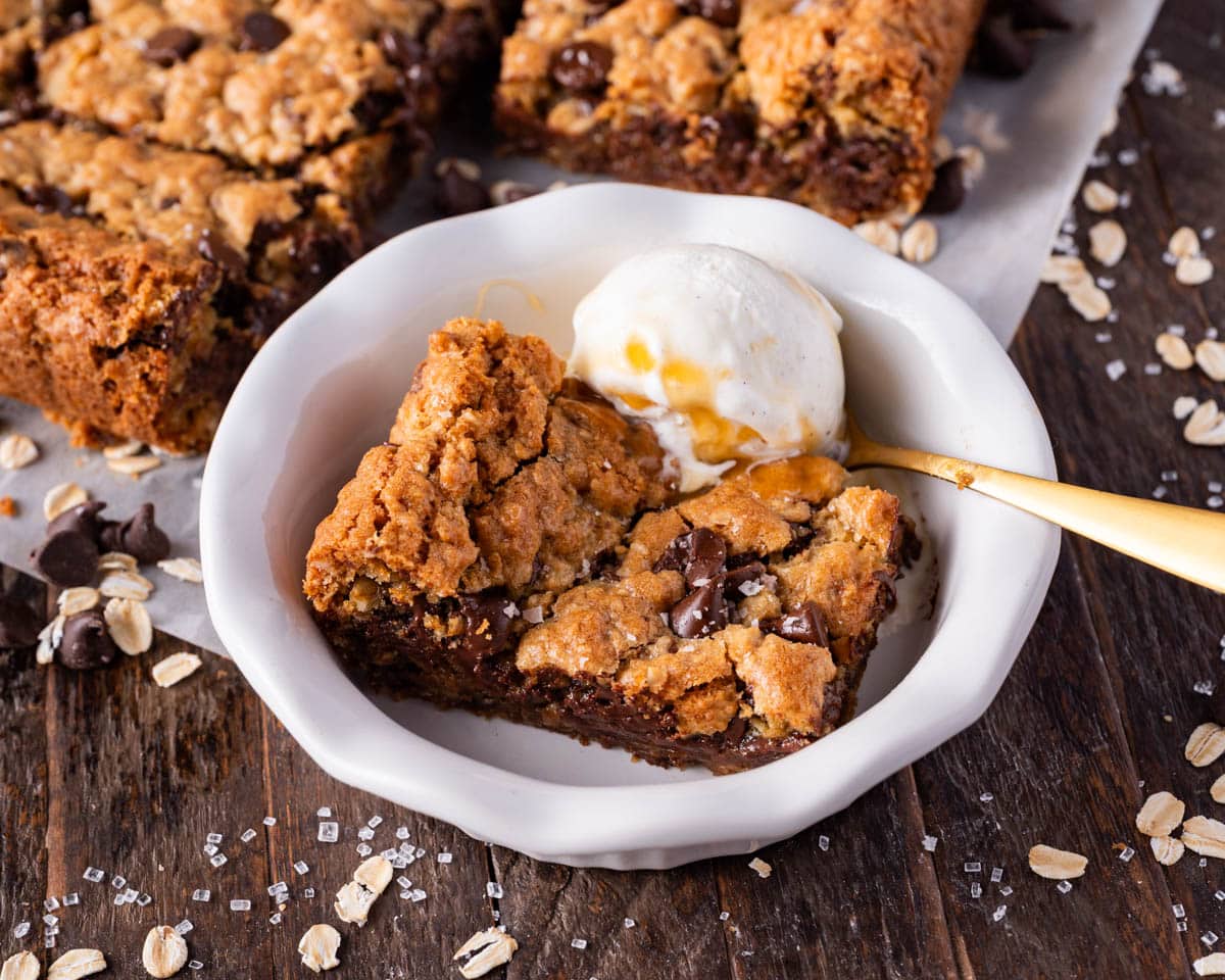 an oatmeal chocolate chip cookie bar in a bowl