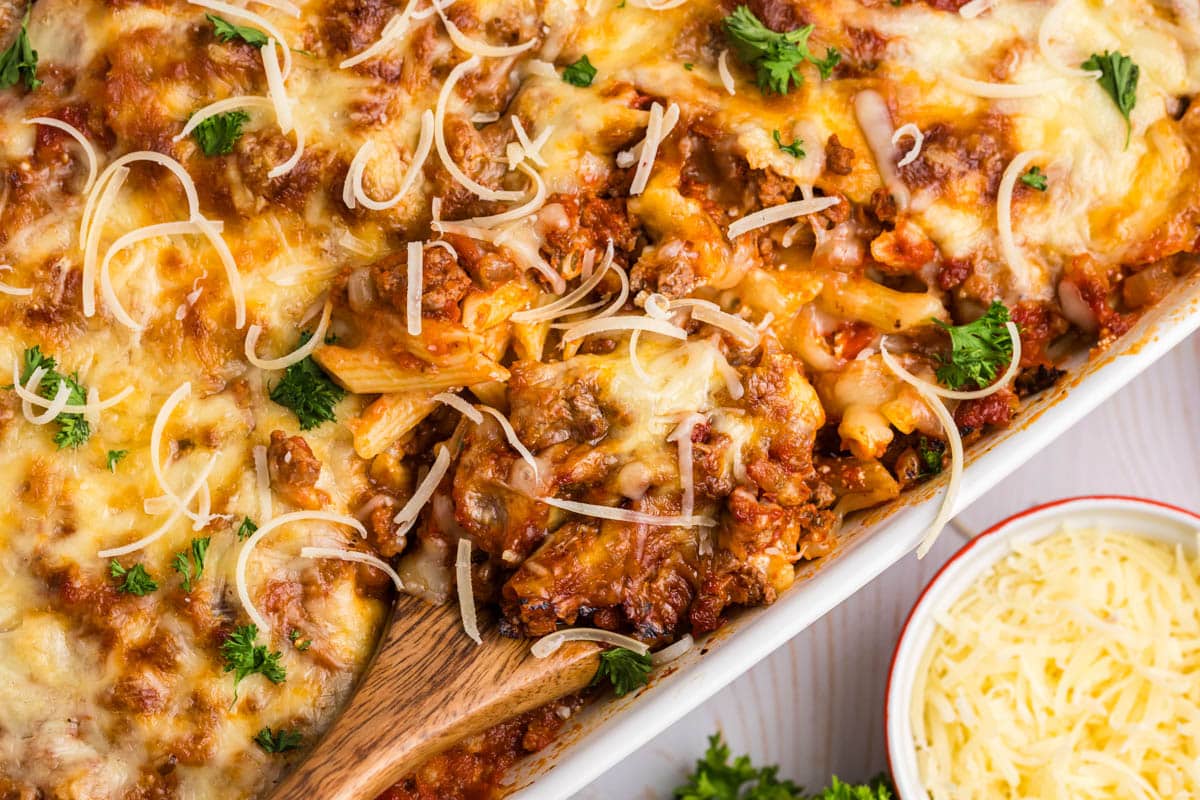 closeup of a spoonful of baked ziti casserole