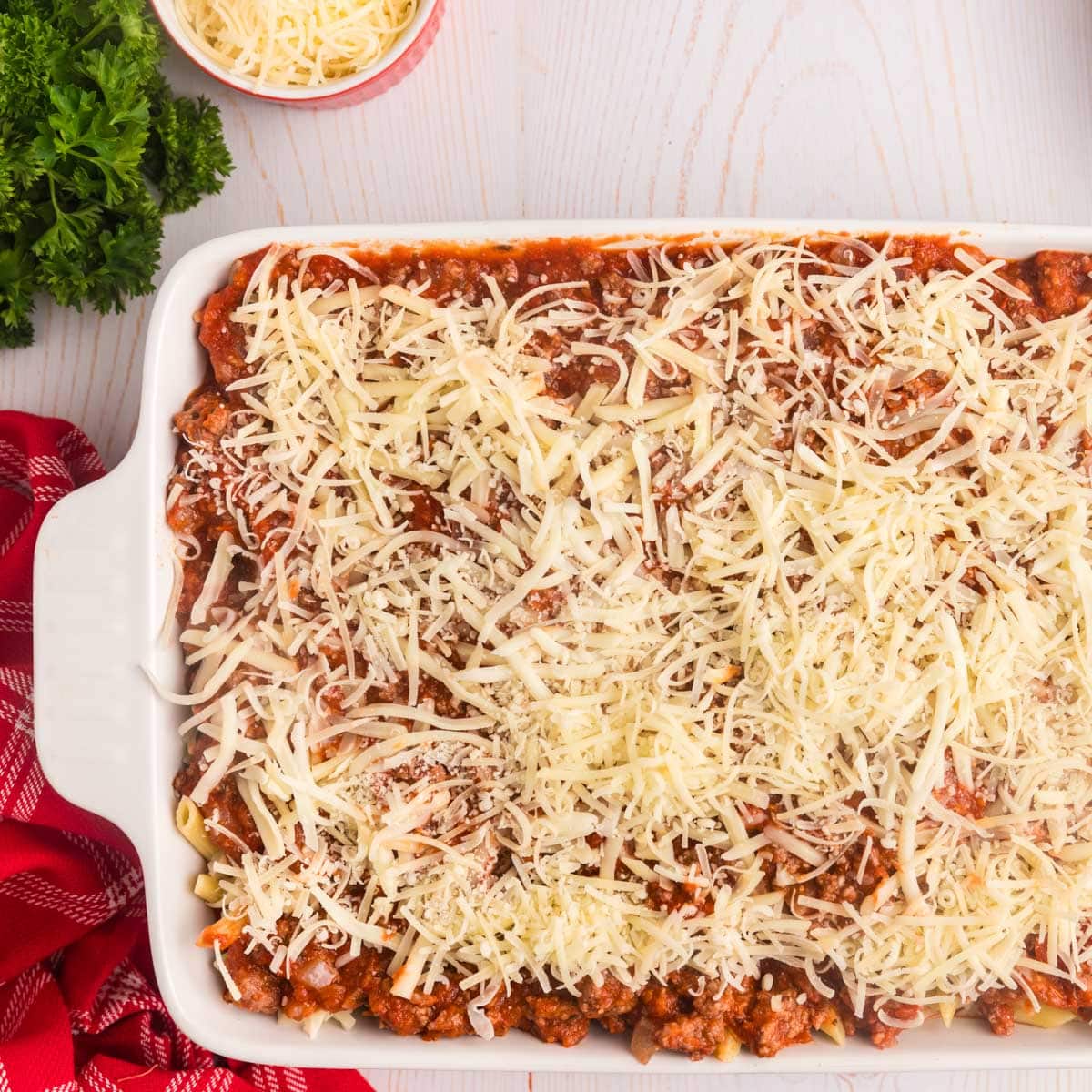 unbaked italian casserole on a table