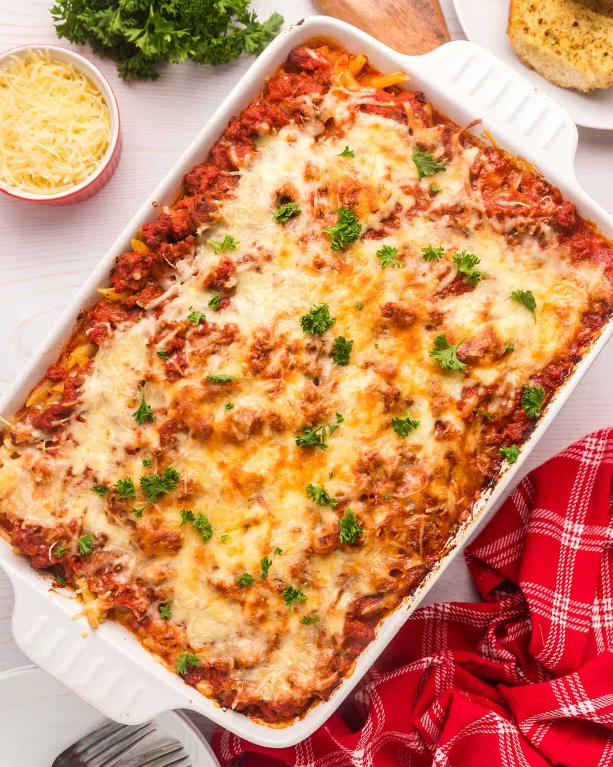 overhead view of an italian casserole on a table