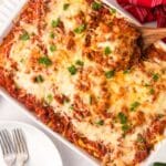 closeup of a spoonful of baked ziti casserole