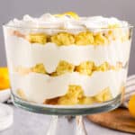 layered lemon trifle in a glass bowl