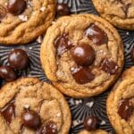 closeup of mocha chocolate chip cookies on a baking sheet