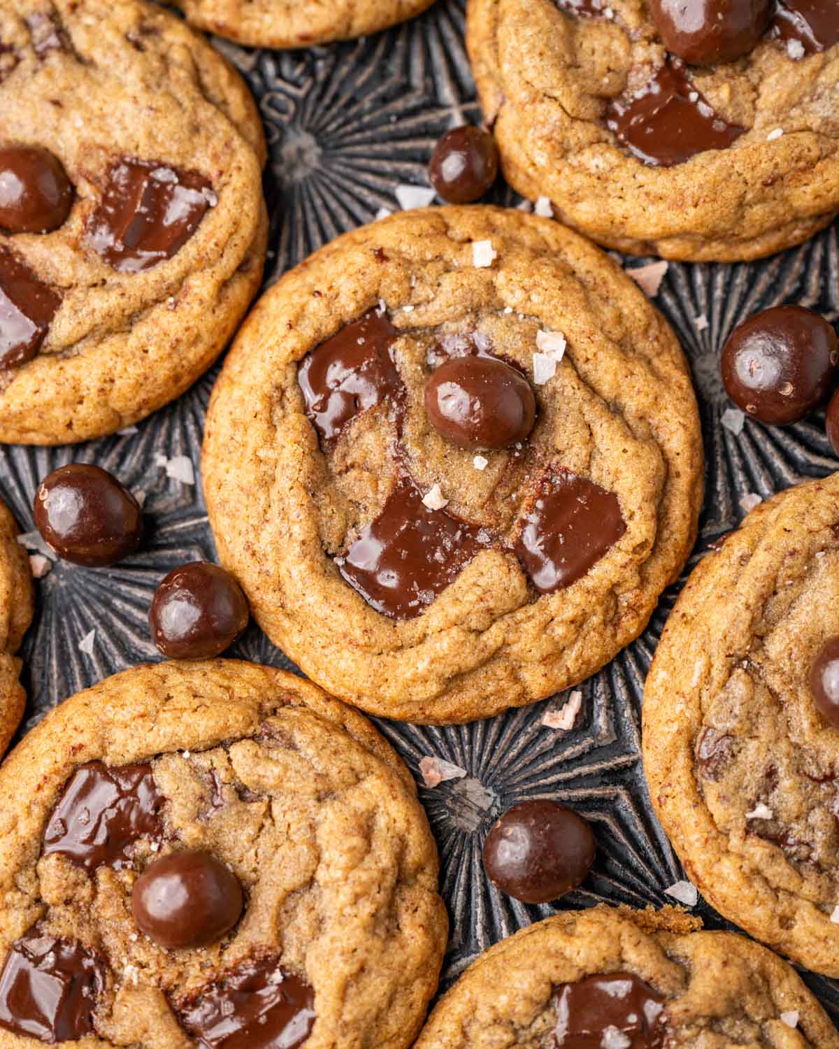 closeup of mocha chocolate chip cookies on a baking sheet